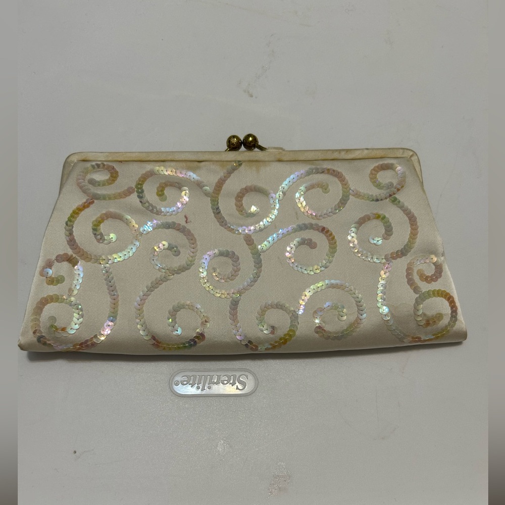 Elegant Cream Sequin Clutch, Made in Spain